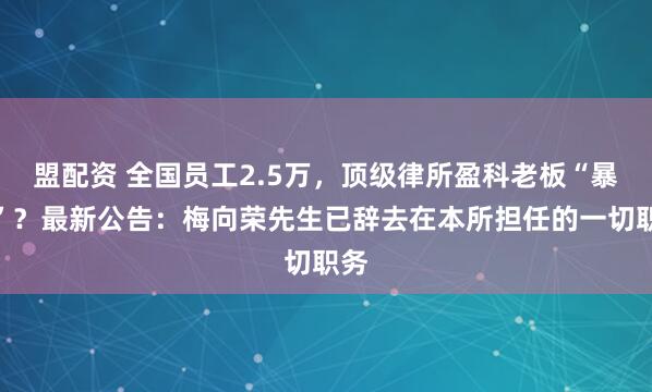 盟配资 全国员工2.5万，顶级律所盈科老板“暴雷”？最新公告：梅向荣先生已辞去在本所担任的一切职务